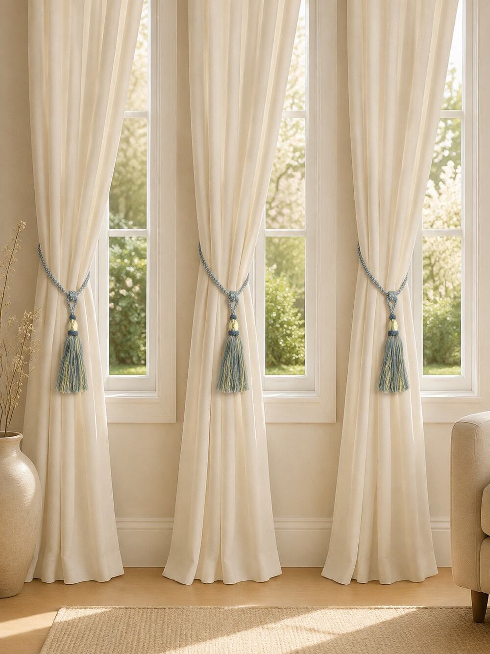 Elegant Baby Blue Beige Tassel Curtain Tiebacks 3-Piece Luxury Home Decor Accent